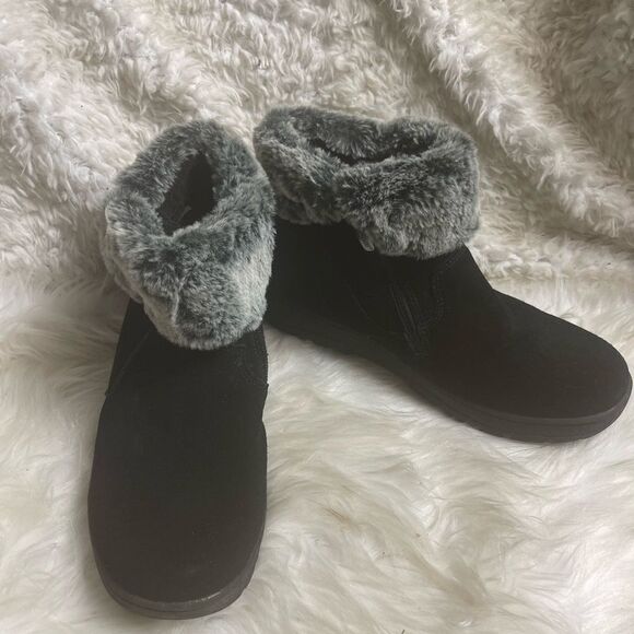 KHOMBU Jessica leather suede black ankle boots with gray & black faux fur SZ10M - Picture 4 of 12